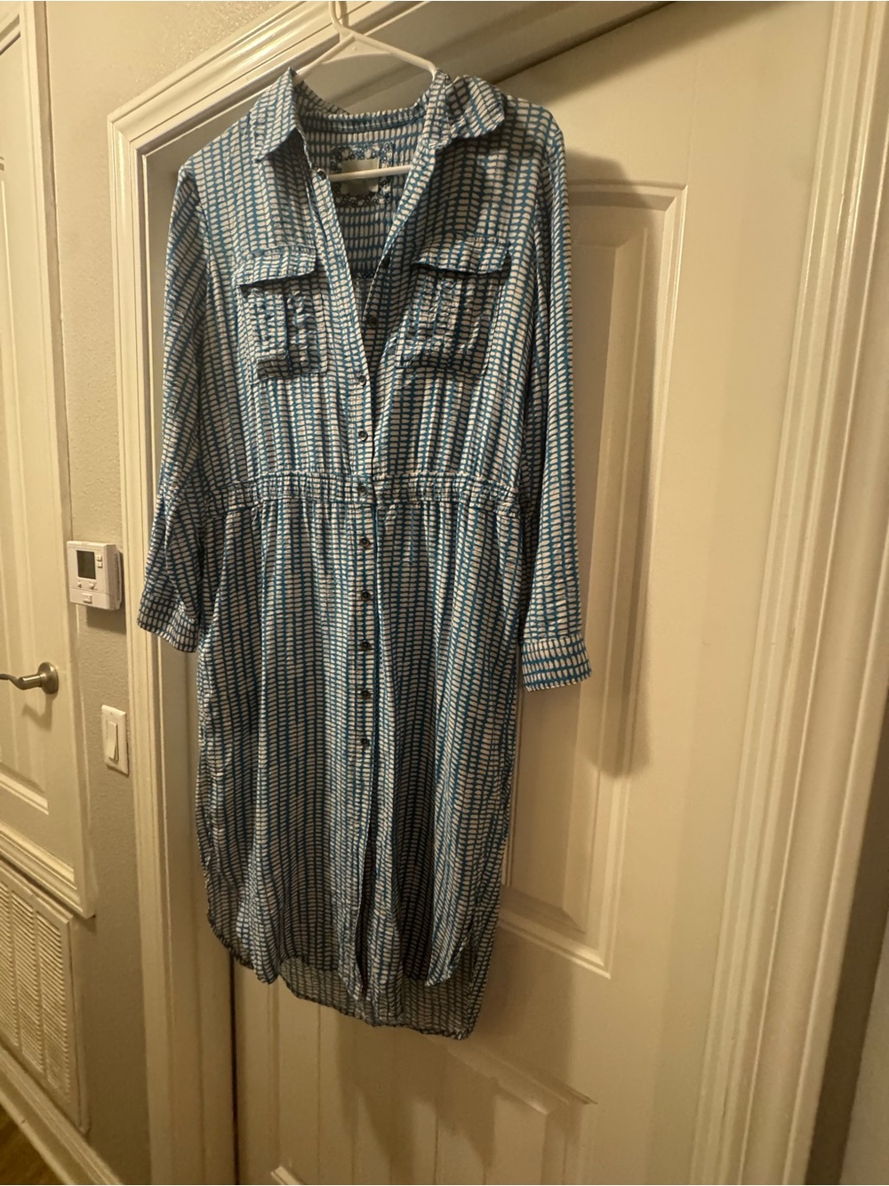 Maeve Light Blue and White Patterned Midi Shirt Dress